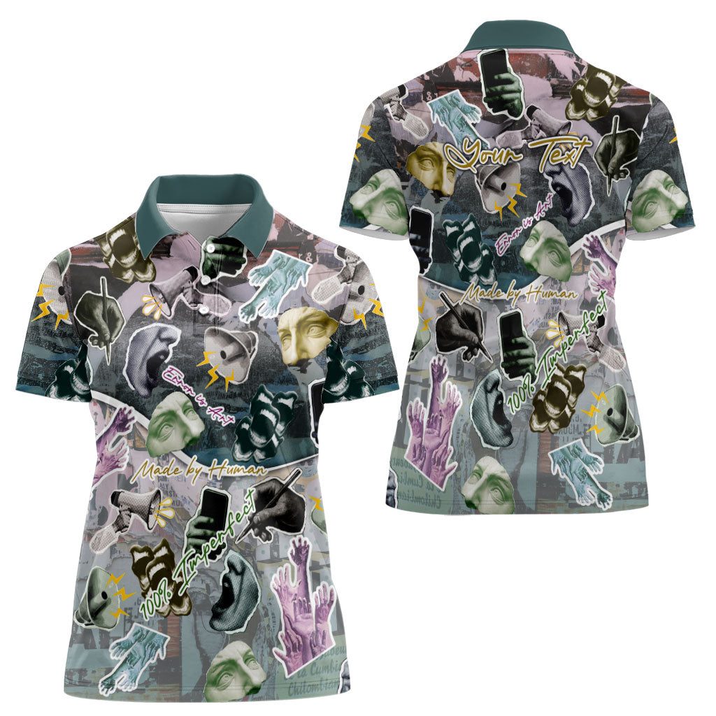 Personalized Made By Human Imperfect Statue Faces Women Polo Shirt Handmade Look Grunge Collage Pop Art