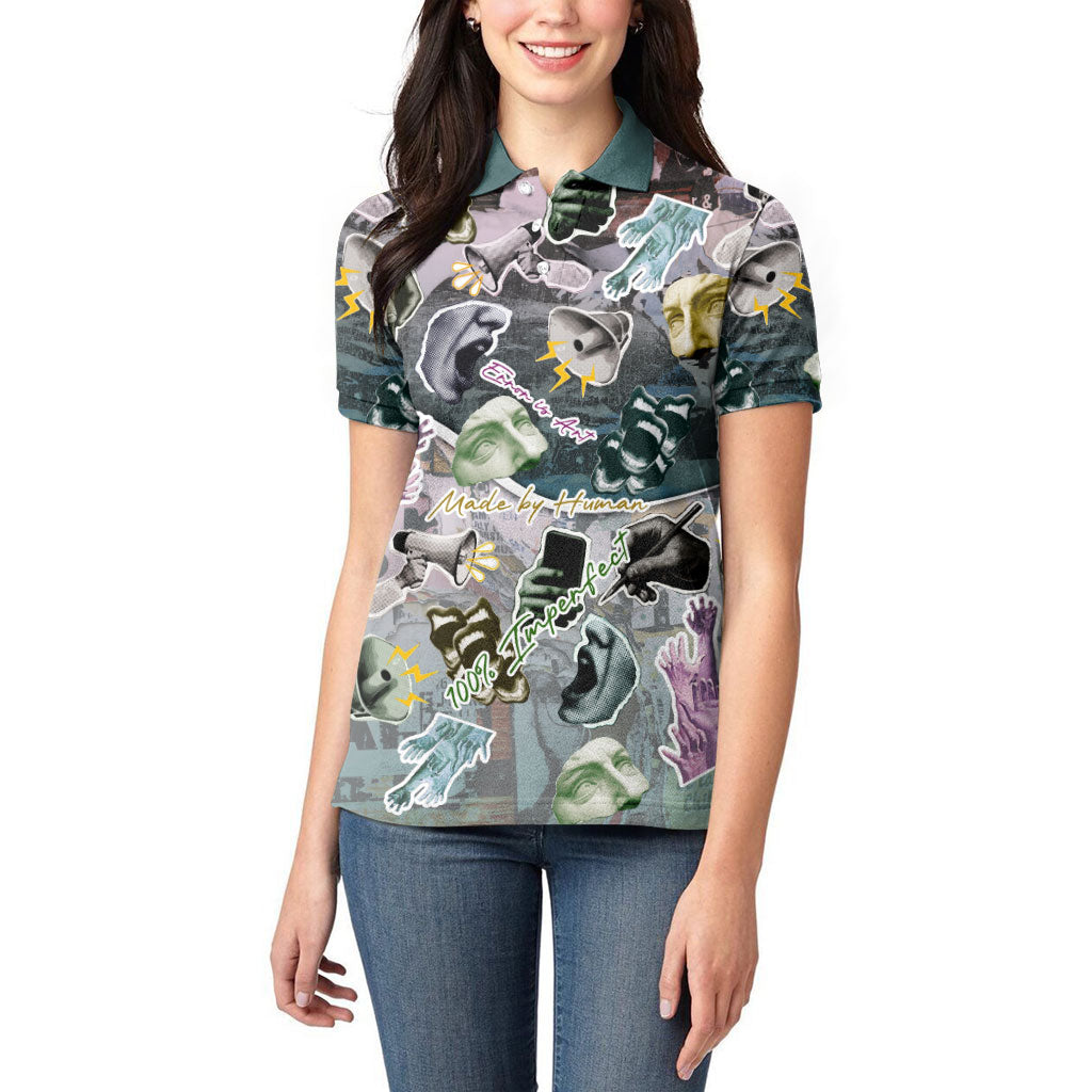 Personalized Made By Human Imperfect Statue Faces Women Polo Shirt Handmade Look Grunge Collage Pop Art