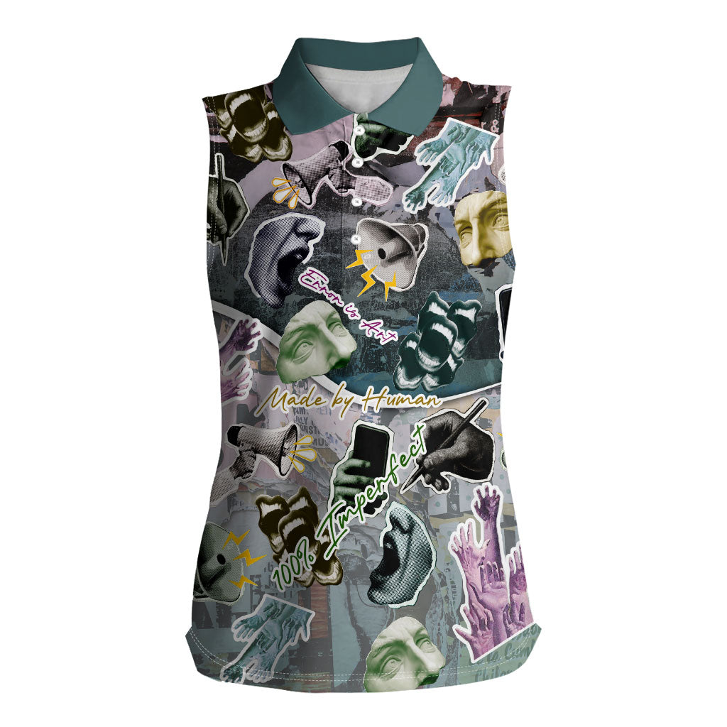 Personalized Made By Human Imperfect Statue Faces Women Sleeveless Polo Shirt Handmade Look Grunge Collage Pop Art
