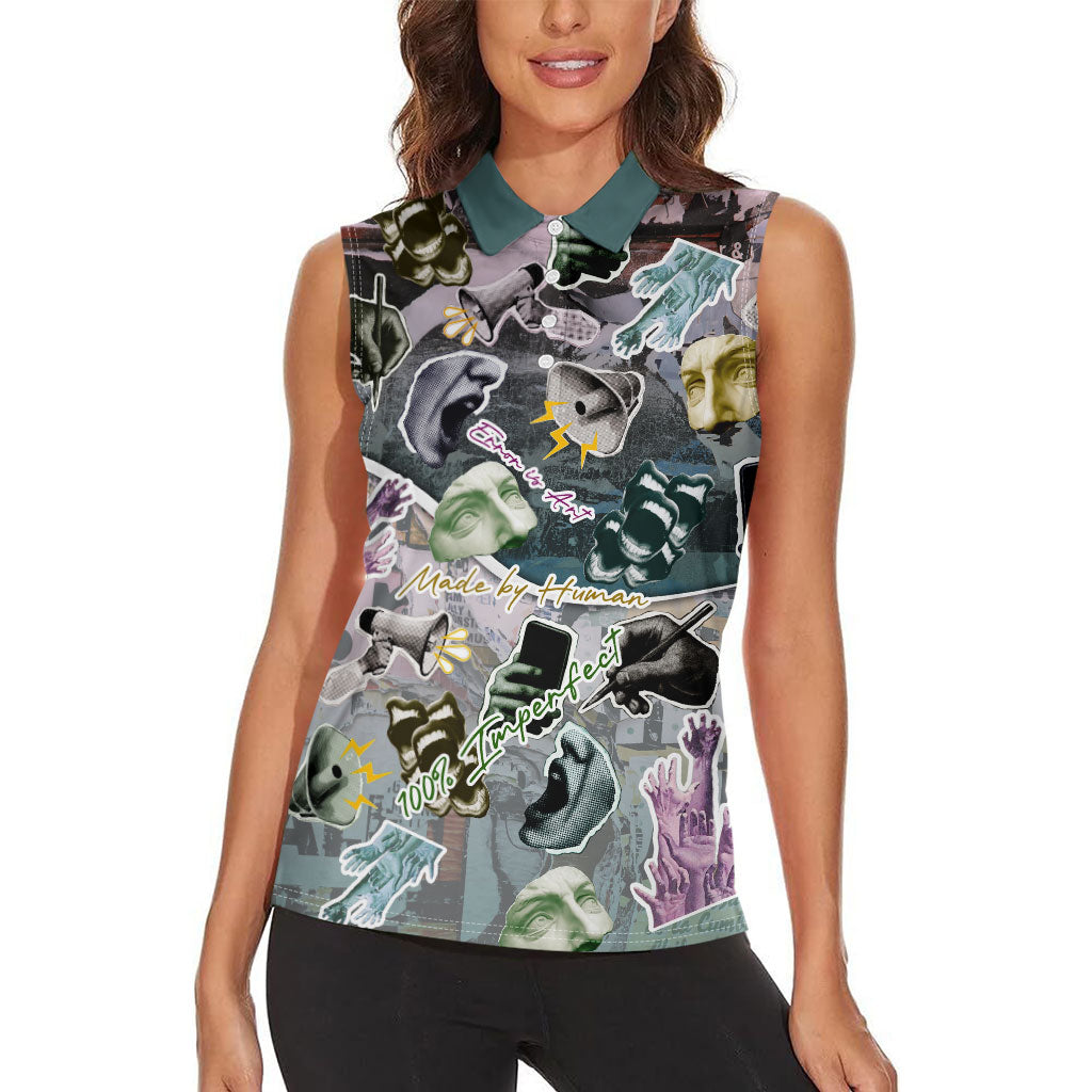 Personalized Made By Human Imperfect Statue Faces Women Sleeveless Polo Shirt Handmade Look Grunge Collage Pop Art