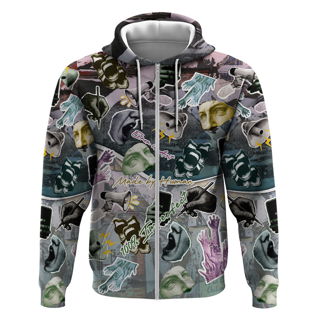 Personalized Made By Human Imperfect Statue Faces Zip Hoodie Handmade Look Grunge Collage Pop Art