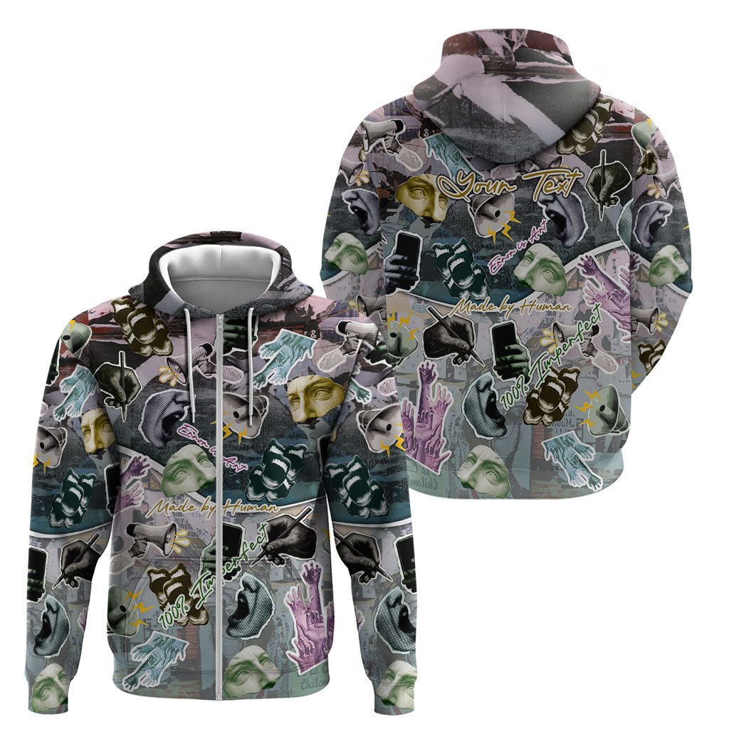Personalized Made By Human Imperfect Statue Faces Zip Hoodie Handmade Look Grunge Collage Pop Art