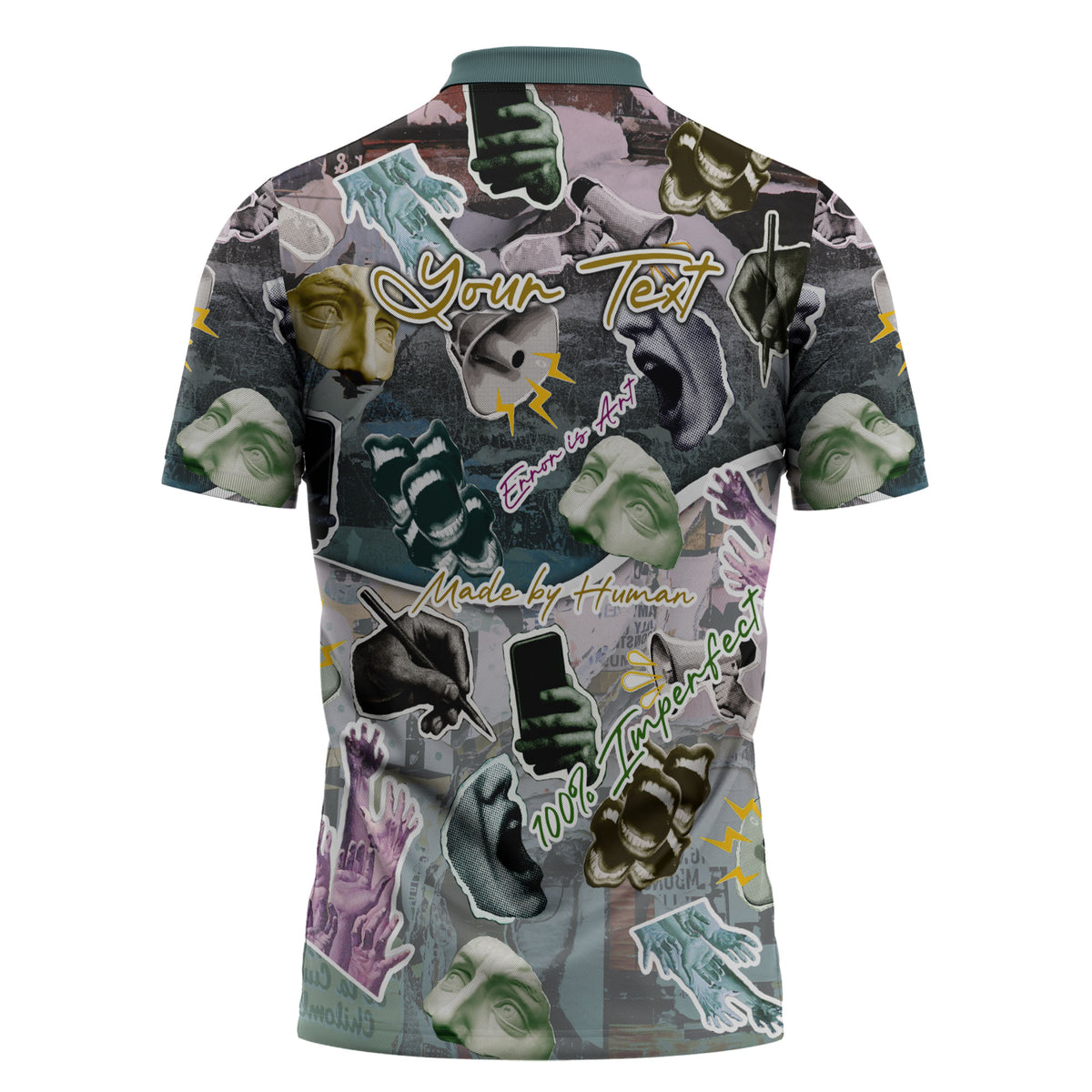 Personalized Made By Human Imperfect Statue Faces Zipper Polo Shirt Handmade Look Grunge Collage Pop Art