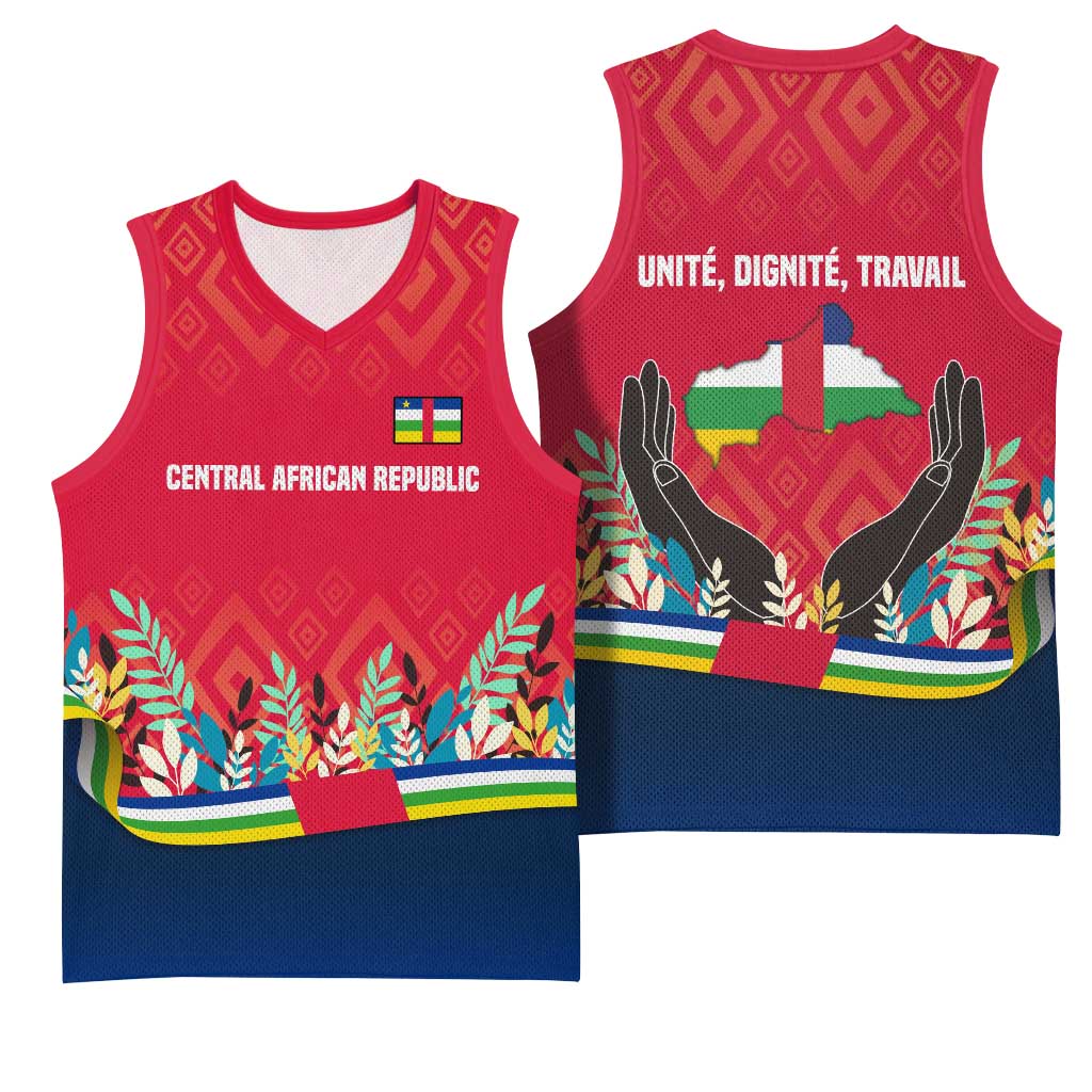 Central African Republic Basketball Jersey with Red Blue Green Tribal Design and National Flag - Wonder Print Shop