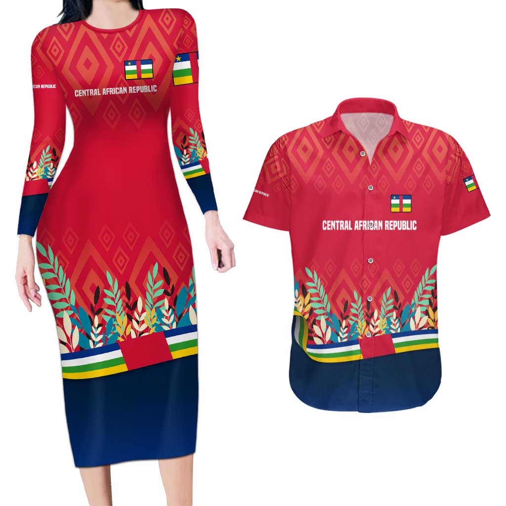 Central African Republic Couples Matching Long Sleeve Bodycon Dress and Hawaiian Shirt with Red Blue Green Tribal Design and National Flag - Wonder Print Shop
