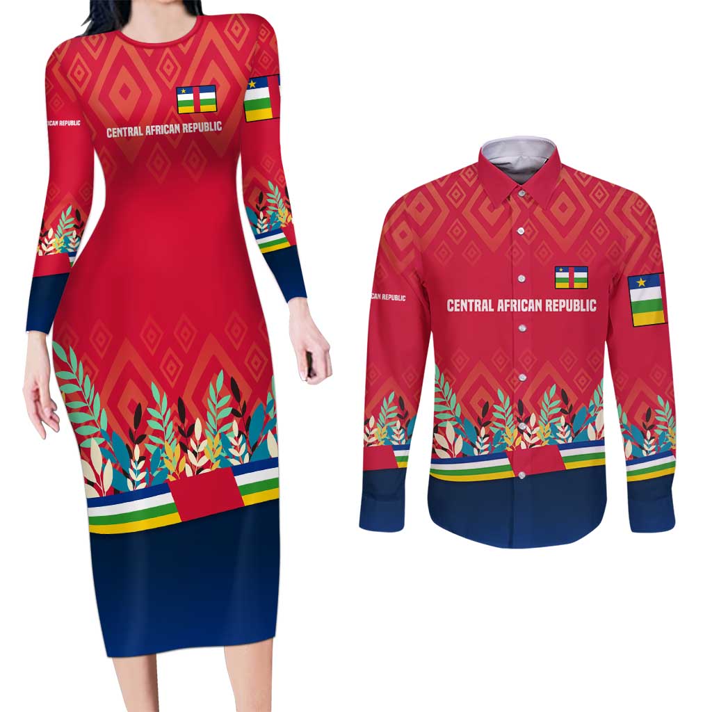 Central African Republic Couples Matching Long Sleeve Bodycon Dress and Long Sleeve Button Shirt with Red Blue Green Tribal Design and National Flag - Wonder Print Shop