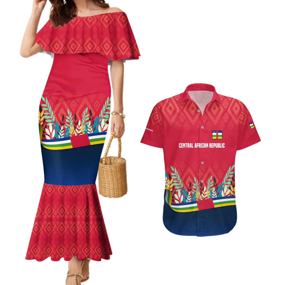 Central African Republic Couples Matching Mermaid Dress and Hawaiian Shirt with Red Blue Green Tribal Design and National Flag - Wonder Print Shop