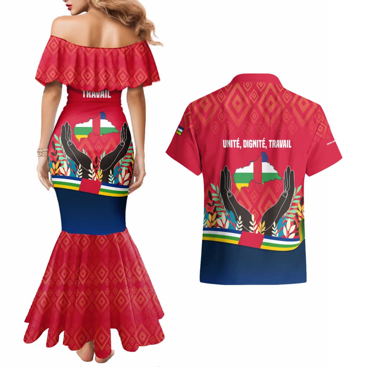 Central African Republic Couples Matching Mermaid Dress and Hawaiian Shirt with Red Blue Green Tribal Design and National Flag - Wonder Print Shop