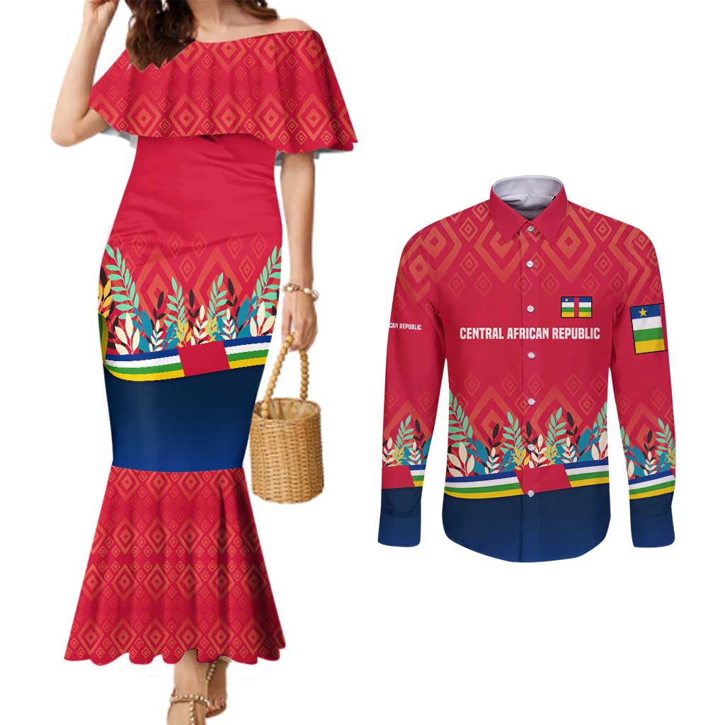 Central African Republic Couples Matching Mermaid Dress and Long Sleeve Button Shirt with Red Blue Green Tribal Design and National Flag - Wonder Print Shop