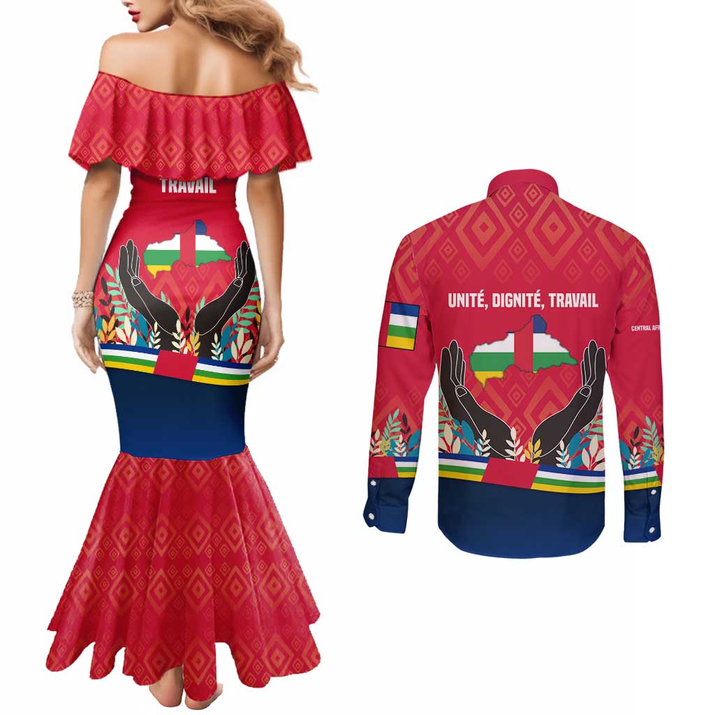 Central African Republic Couples Matching Mermaid Dress and Long Sleeve Button Shirt with Red Blue Green Tribal Design and National Flag - Wonder Print Shop