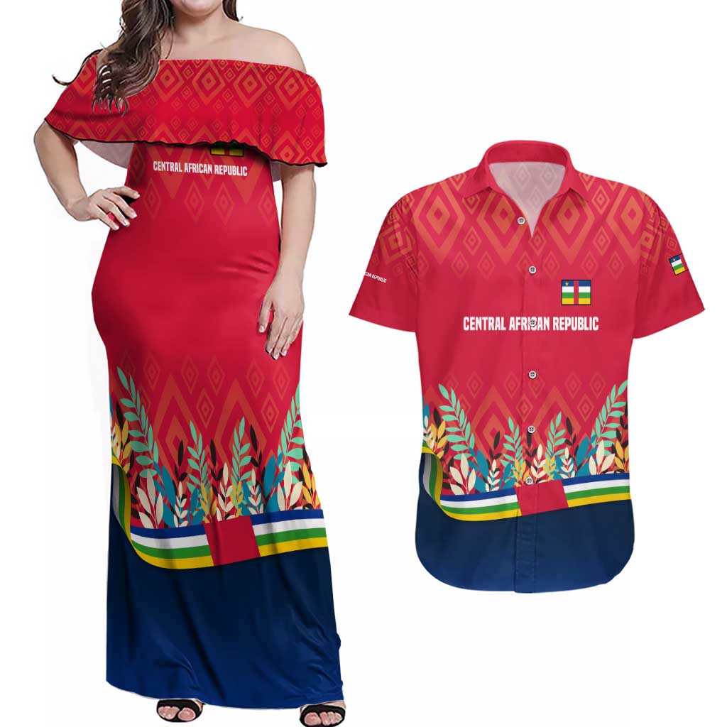 Central African Republic Couples Matching Off Shoulder Maxi Dress and Hawaiian Shirt with Red Blue Green Tribal Design and National Flag - Wonder Print Shop