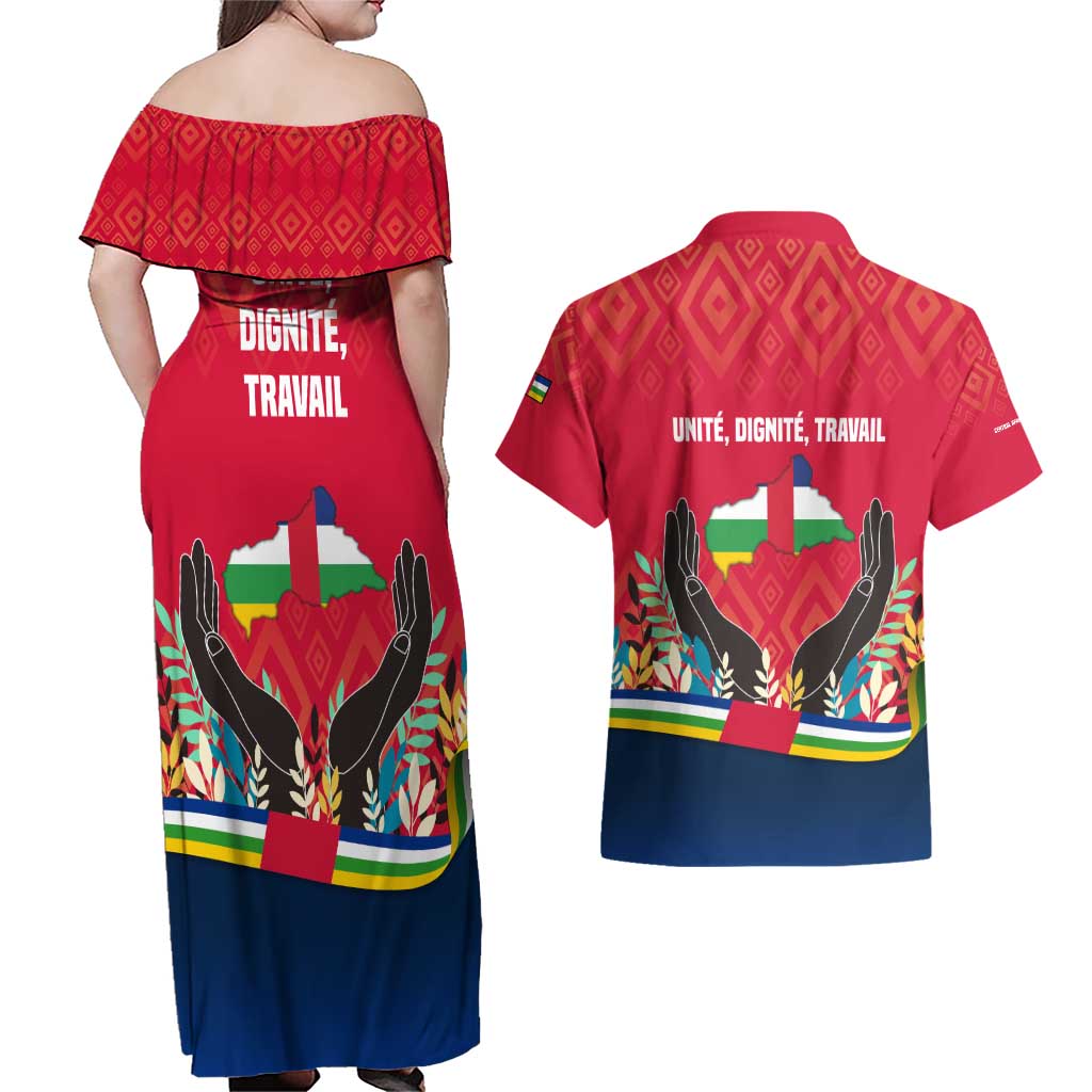 Central African Republic Couples Matching Off Shoulder Maxi Dress and Hawaiian Shirt with Red Blue Green Tribal Design and National Flag - Wonder Print Shop