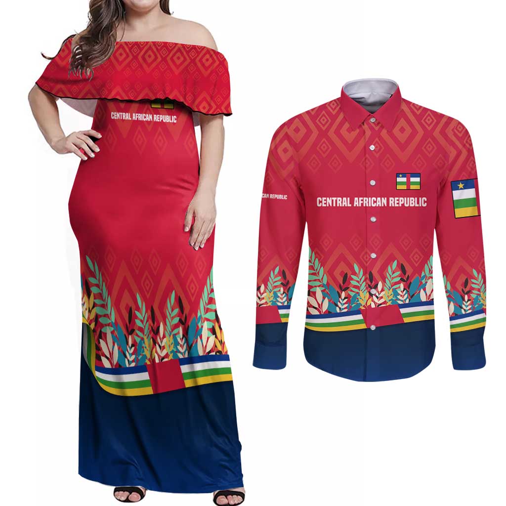 Central African Republic Couples Matching Off Shoulder Maxi Dress and Long Sleeve Button Shirt with Red Blue Green Tribal Design and National Flag - Wonder Print Shop