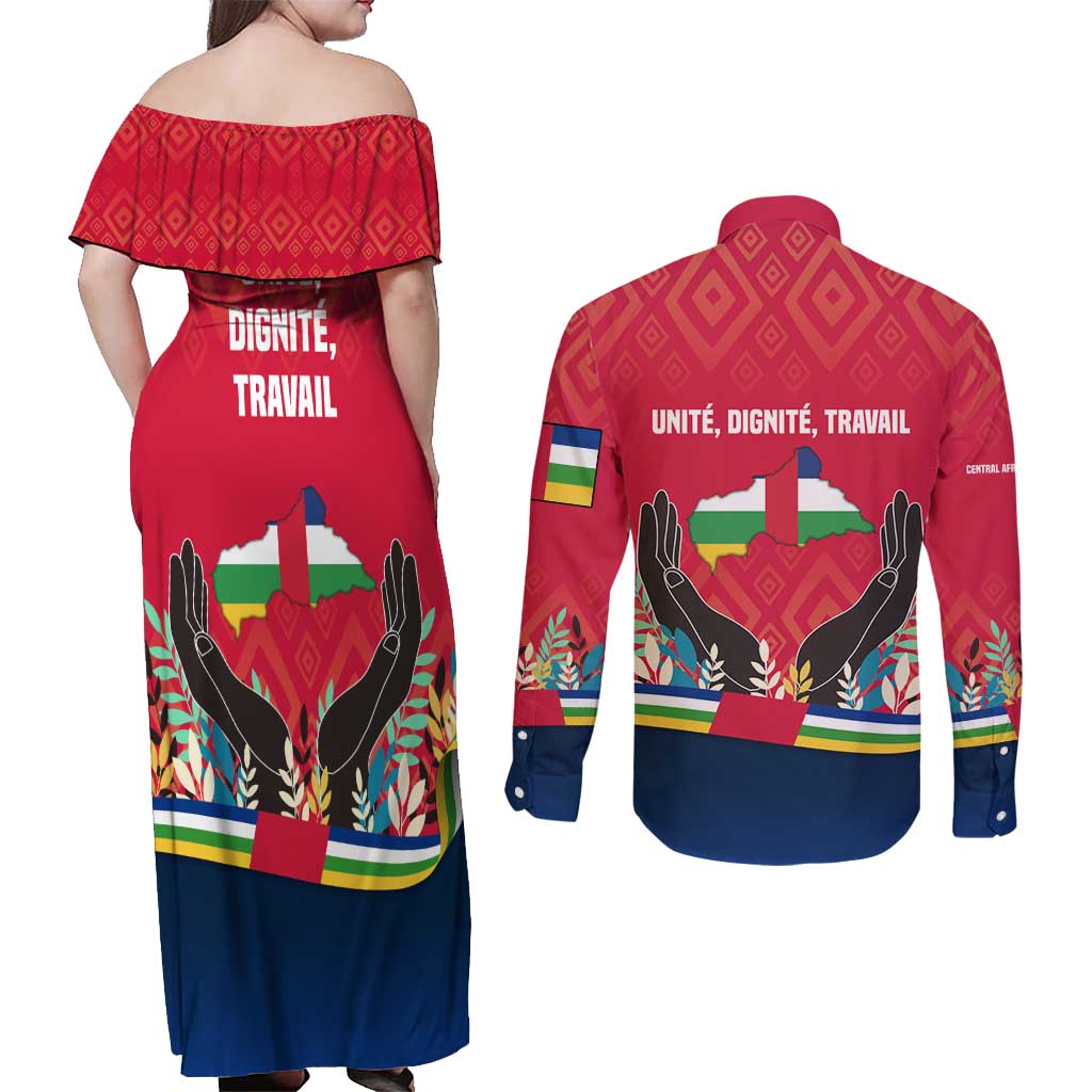 Central African Republic Couples Matching Off Shoulder Maxi Dress and Long Sleeve Button Shirt with Red Blue Green Tribal Design and National Flag - Wonder Print Shop