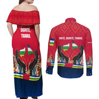 Central African Republic Couples Matching Off Shoulder Maxi Dress and Long Sleeve Button Shirt with Red Blue Green Tribal Design and National Flag - Wonder Print Shop
