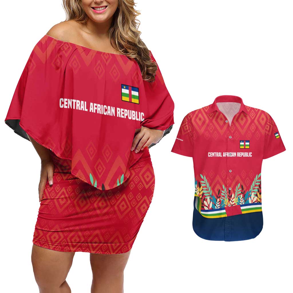 Central African Republic Couples Matching Off Shoulder Short Dress and Hawaiian Shirt with Red Blue Green Tribal Design and National Flag - Wonder Print Shop
