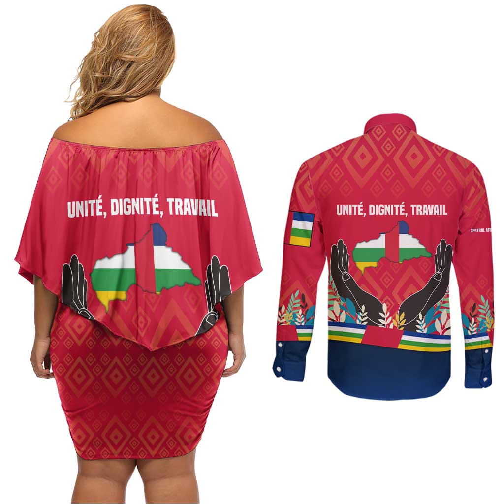 Central African Republic Couples Matching Off Shoulder Short Dress and Long Sleeve Button Shirt with Red Blue Green Tribal Design and National Flag - Wonder Print Shop