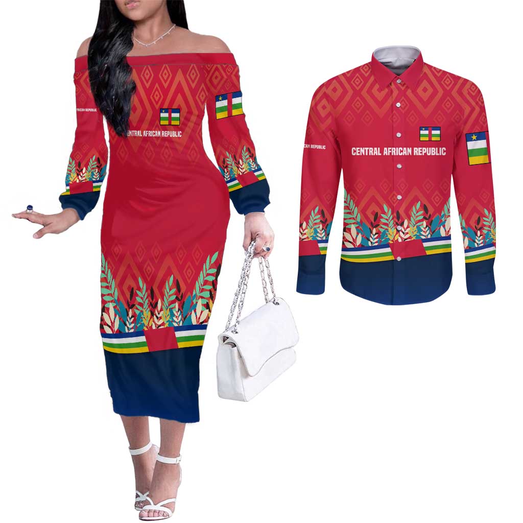 Central African Republic Couples Matching Off The Shoulder Long Sleeve Dress and Long Sleeve Button Shirt with Red Blue Green Tribal Design and National Flag - Wonder Print Shop