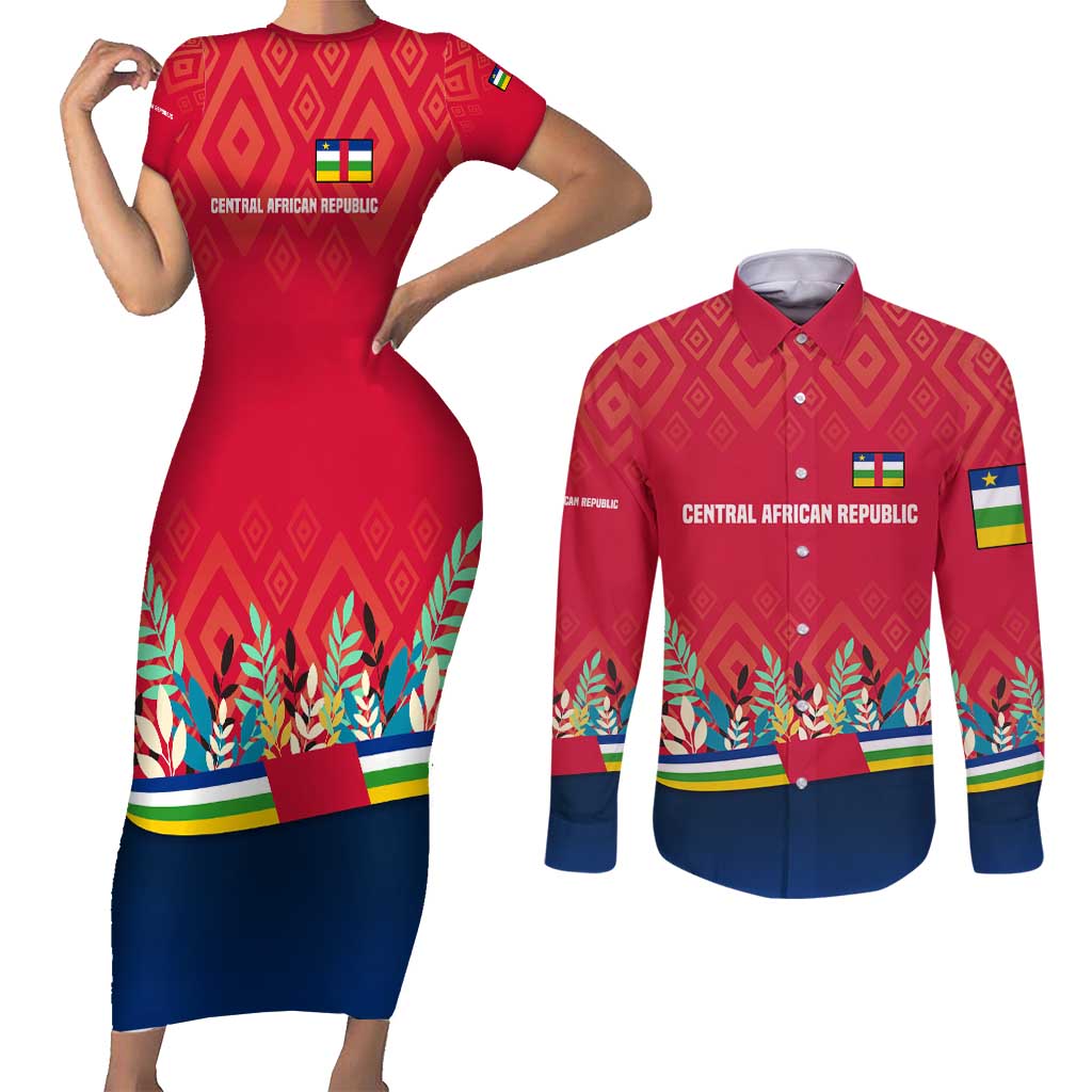Central African Republic Couples Matching Short Sleeve Bodycon Dress and Long Sleeve Button Shirt with Red Blue Green Tribal Design and National Flag - Wonder Print Shop