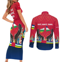Central African Republic Couples Matching Short Sleeve Bodycon Dress and Long Sleeve Button Shirt with Red Blue Green Tribal Design and National Flag - Wonder Print Shop