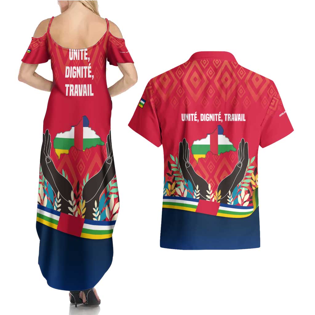 Central African Republic Couples Matching Summer Maxi Dress and Hawaiian Shirt with Red Blue Green Tribal Design and National Flag - Wonder Print Shop