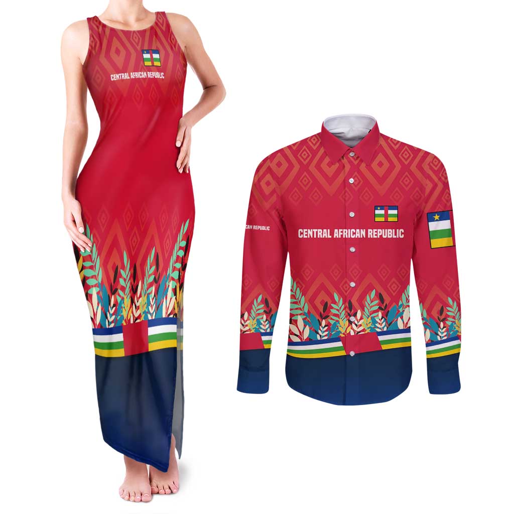 Central African Republic Couples Matching Tank Maxi Dress and Long Sleeve Button Shirt with Red Blue Green Tribal Design and National Flag - Wonder Print Shop