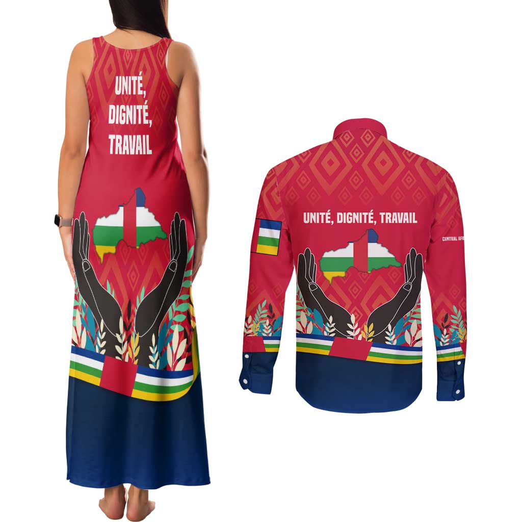 Central African Republic Couples Matching Tank Maxi Dress and Long Sleeve Button Shirt with Red Blue Green Tribal Design and National Flag - Wonder Print Shop