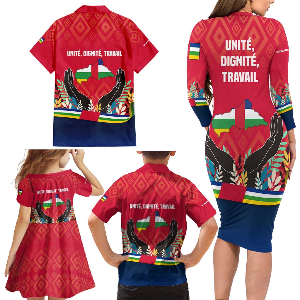 Central African Republic Family Matching Long Sleeve Bodycon Dress and Hawaiian Shirt with Red Blue Green Tribal Design and National Flag - Wonder Print Shop