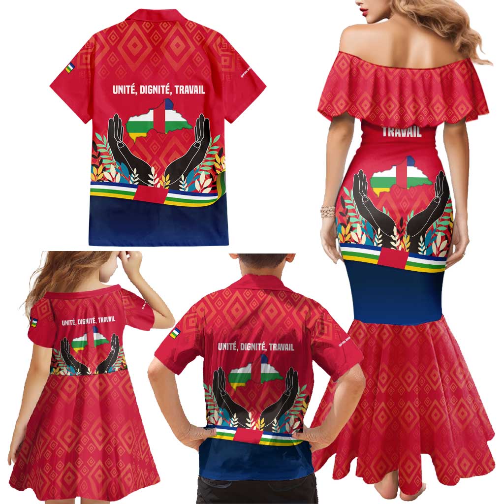 Central African Republic Family Matching Mermaid Dress and Hawaiian Shirt with Red Blue Green Tribal Design and National Flag - Wonder Print Shop