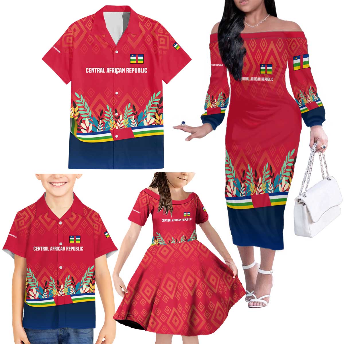 Central African Republic Family Matching Off The Shoulder Long Sleeve Dress and Hawaiian Shirt with Red Blue Green Tribal Design and National Flag - Wonder Print Shop