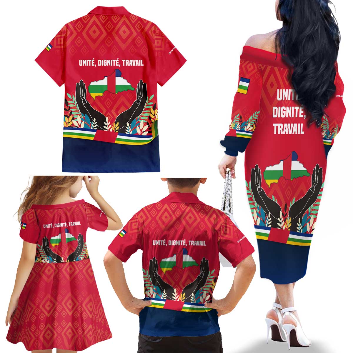 Central African Republic Family Matching Off The Shoulder Long Sleeve Dress and Hawaiian Shirt with Red Blue Green Tribal Design and National Flag - Wonder Print Shop