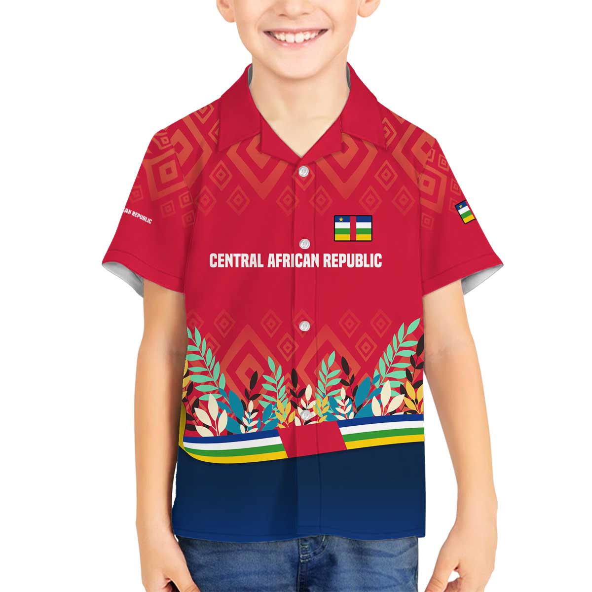 Central African Republic Family Matching Off The Shoulder Long Sleeve Dress and Hawaiian Shirt with Red Blue Green Tribal Design and National Flag - Wonder Print Shop