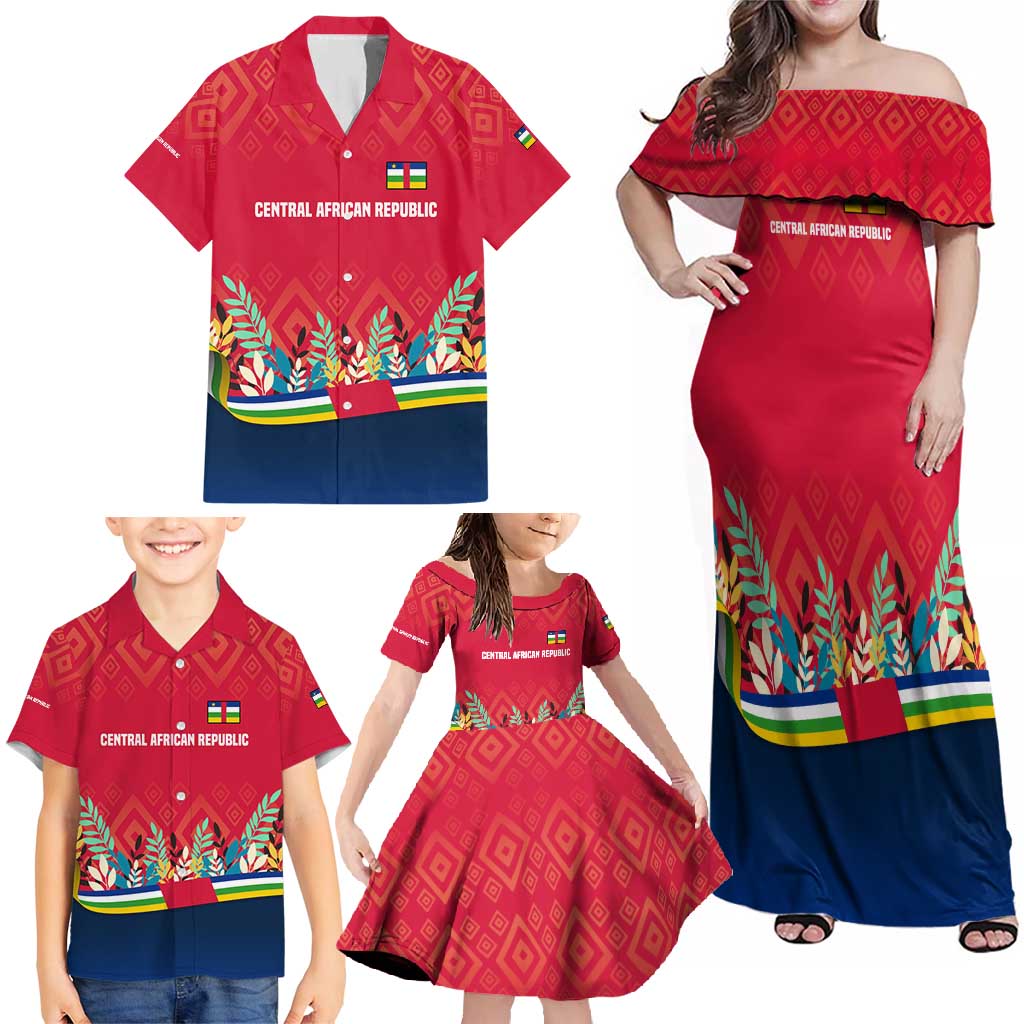 Central African Republic Family Matching Off Shoulder Maxi Dress and Hawaiian Shirt with Red Blue Green Tribal Design and National Flag - Wonder Print Shop