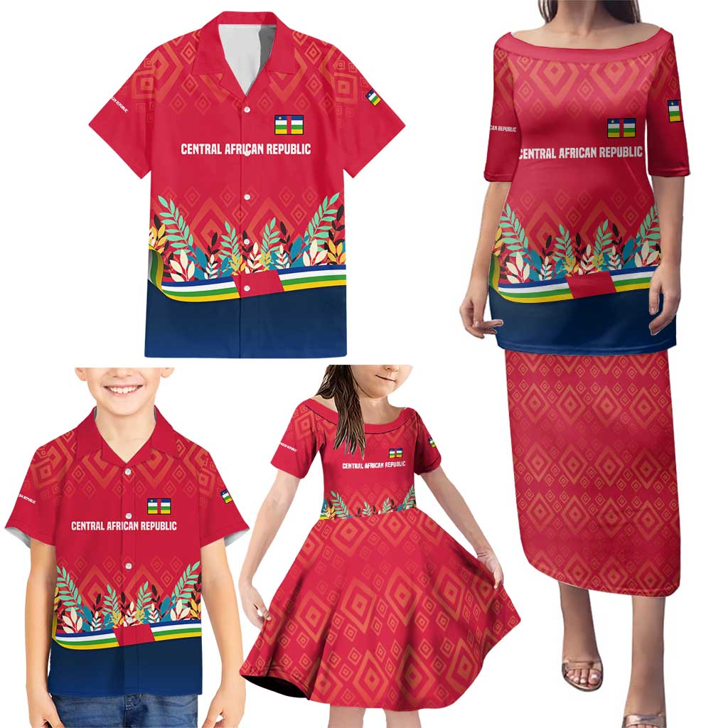 Central African Republic Family Matching Puletasi and Hawaiian Shirt with Red Blue Green Tribal Design and National Flag - Wonder Print Shop