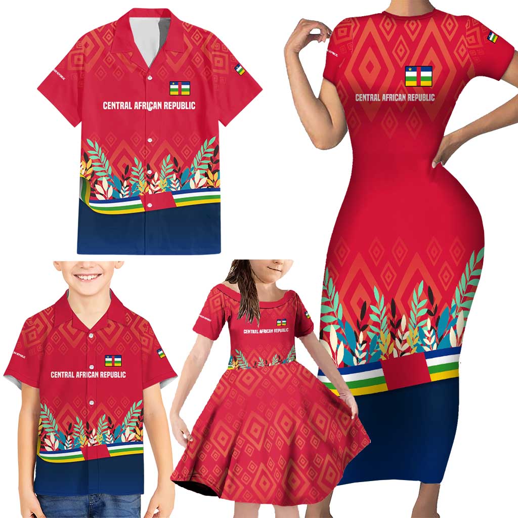 Central African Republic Family Matching Short Sleeve Bodycon Dress and Hawaiian Shirt with Red Blue Green Tribal Design and National Flag - Wonder Print Shop