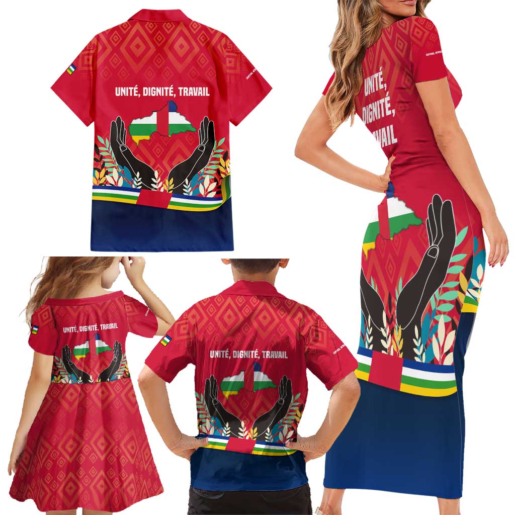 Central African Republic Family Matching Short Sleeve Bodycon Dress and Hawaiian Shirt with Red Blue Green Tribal Design and National Flag - Wonder Print Shop
