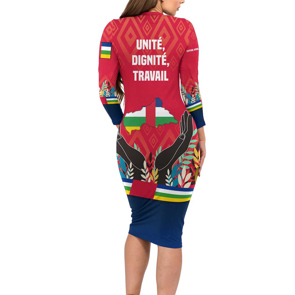 Central African Republic Long Sleeve Bodycon Dress with Red Blue Green Tribal Design and National Flag - Wonder Print Shop