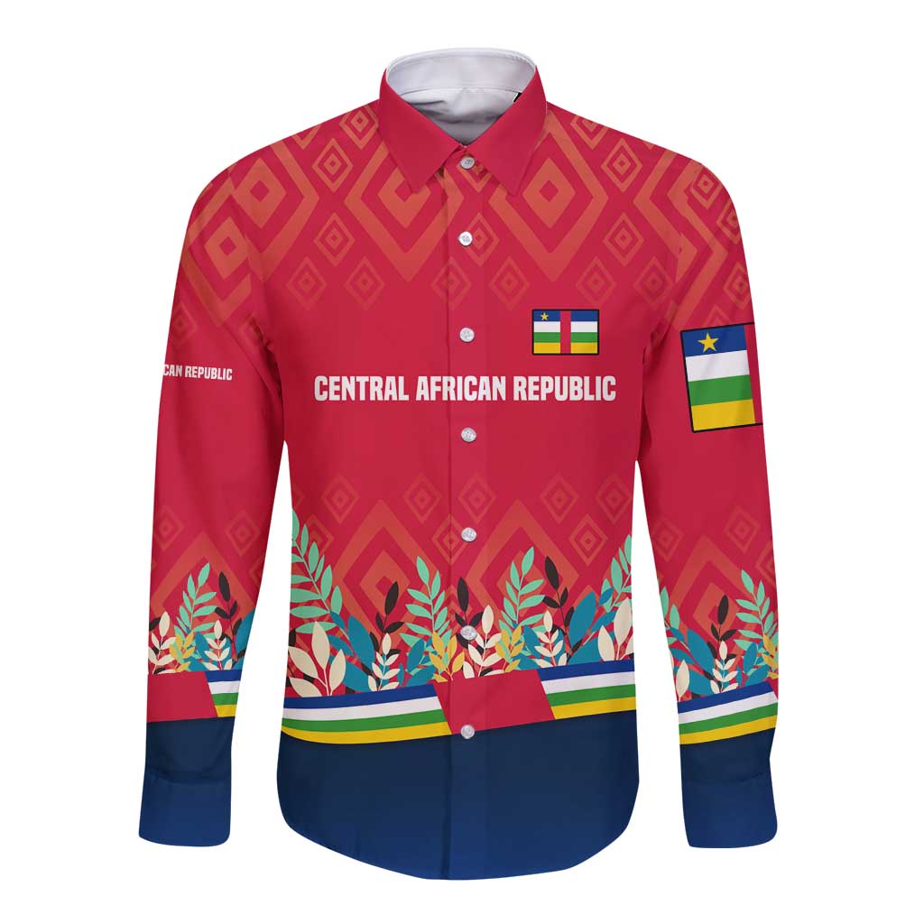 Central African Republic Long Sleeve Button Shirt with Red Blue Green Tribal Design and National Flag - Wonder Print Shop