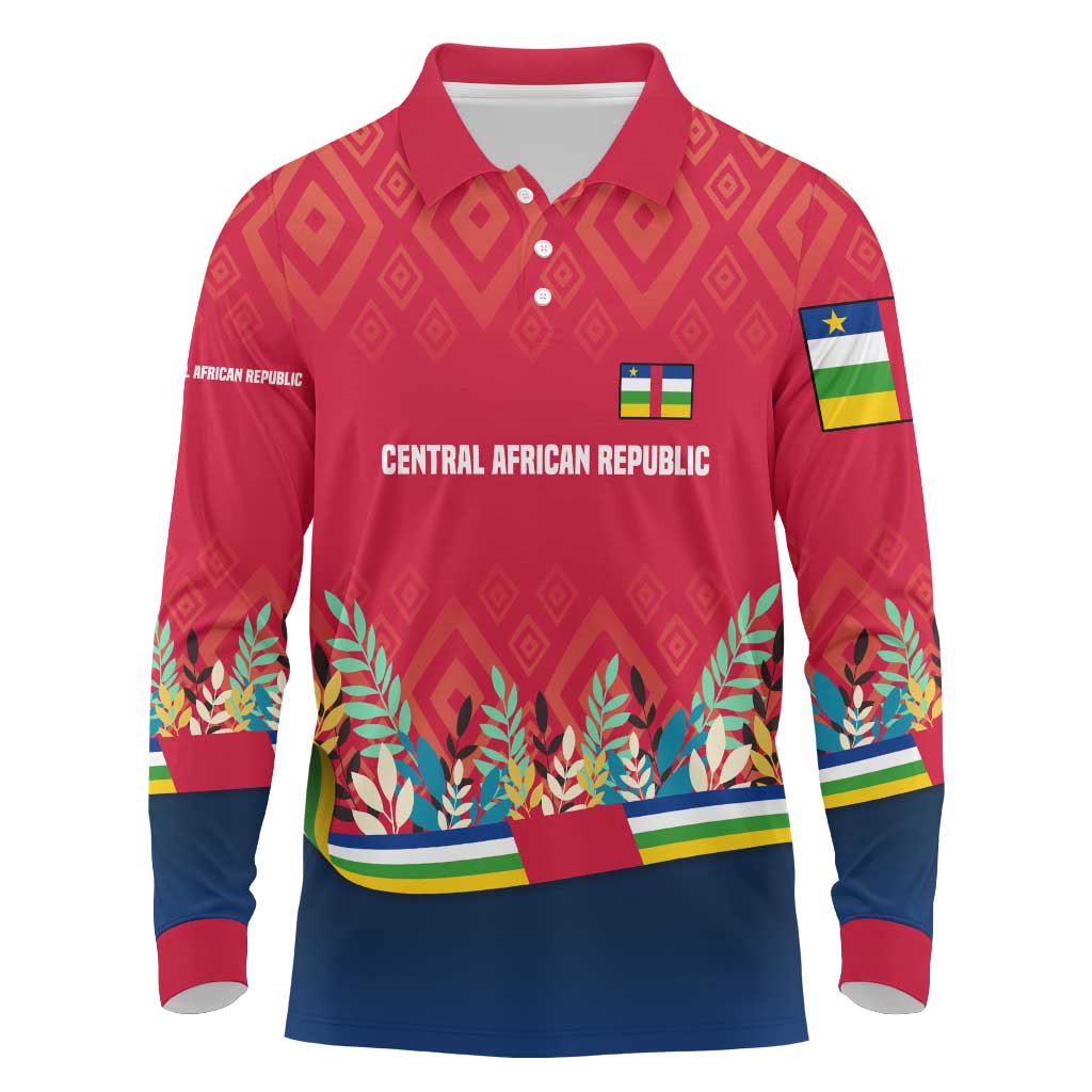 Central African Republic Long Sleeve Polo Shirt with Red Blue Green Tribal Design and National Flag - Wonder Print Shop