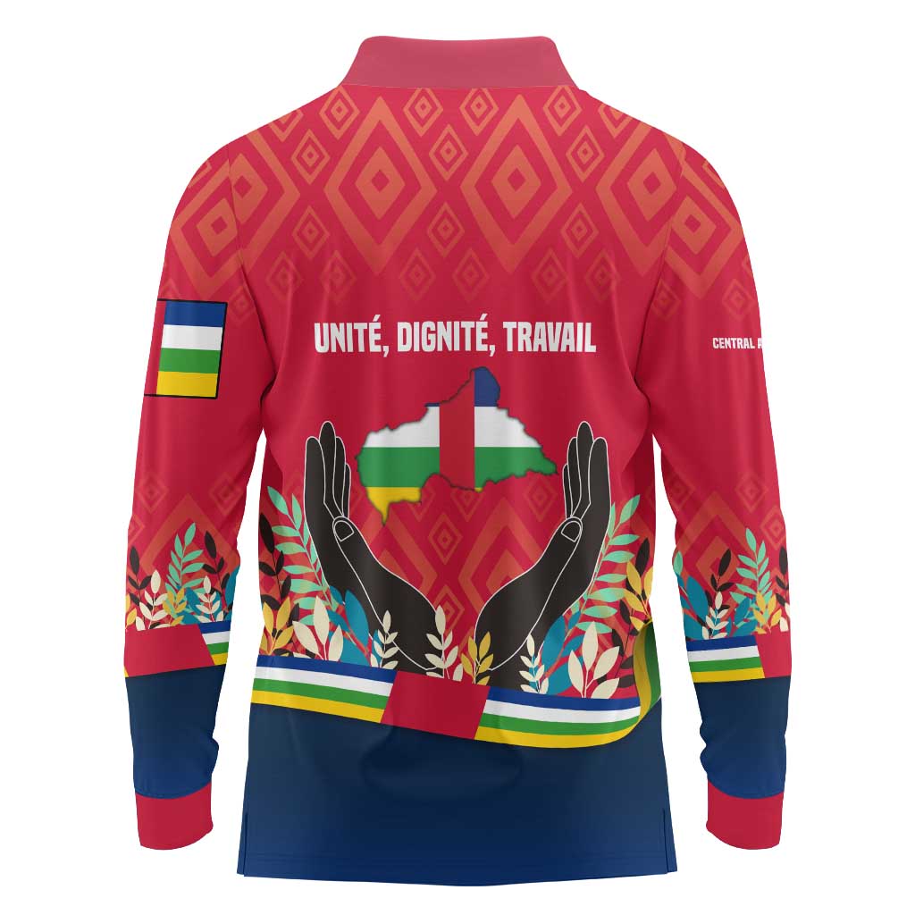 Central African Republic Long Sleeve Polo Shirt with Red Blue Green Tribal Design and National Flag - Wonder Print Shop