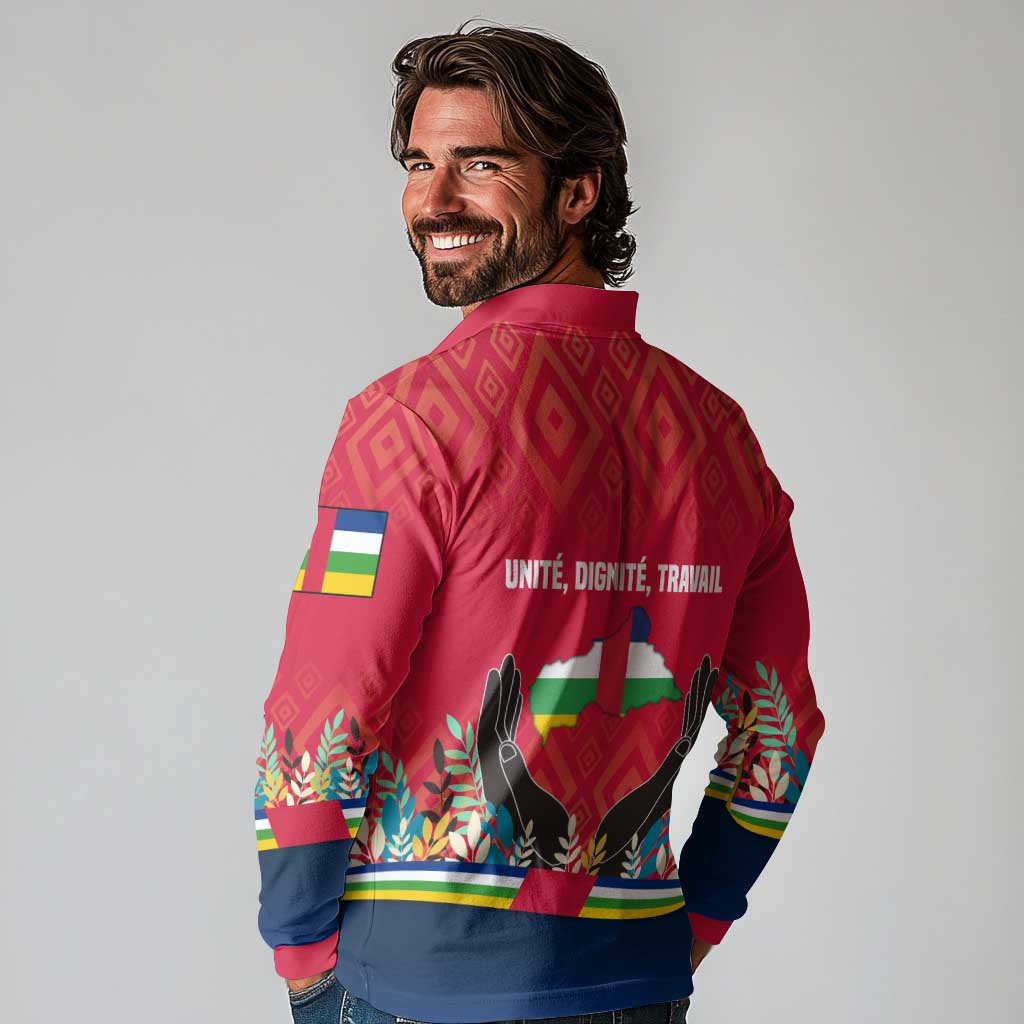 Central African Republic Long Sleeve Polo Shirt with Red Blue Green Tribal Design and National Flag - Wonder Print Shop