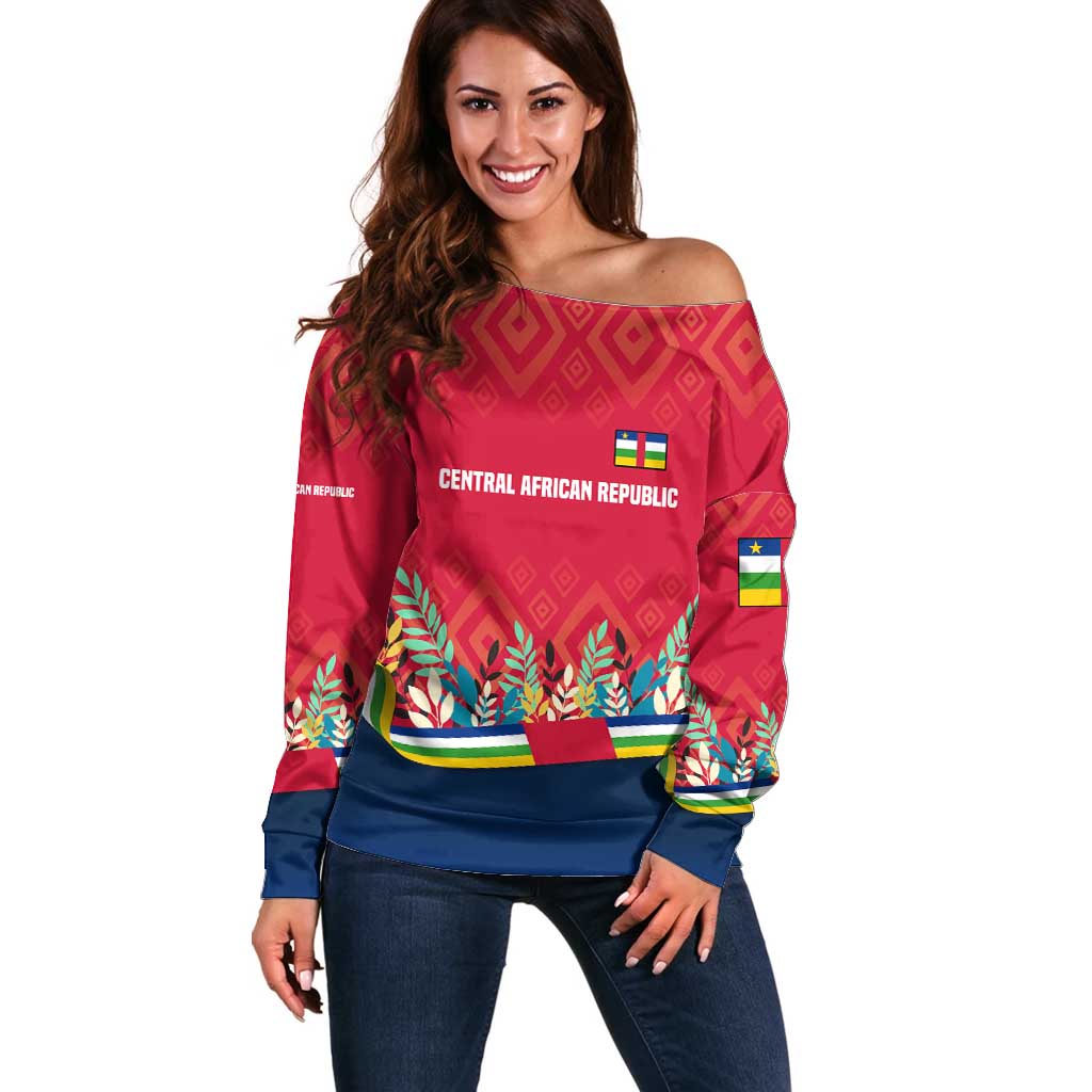 Central African Republic Off Shoulder Sweater with Red Blue Green Tribal Design and National Flag - Wonder Print Shop