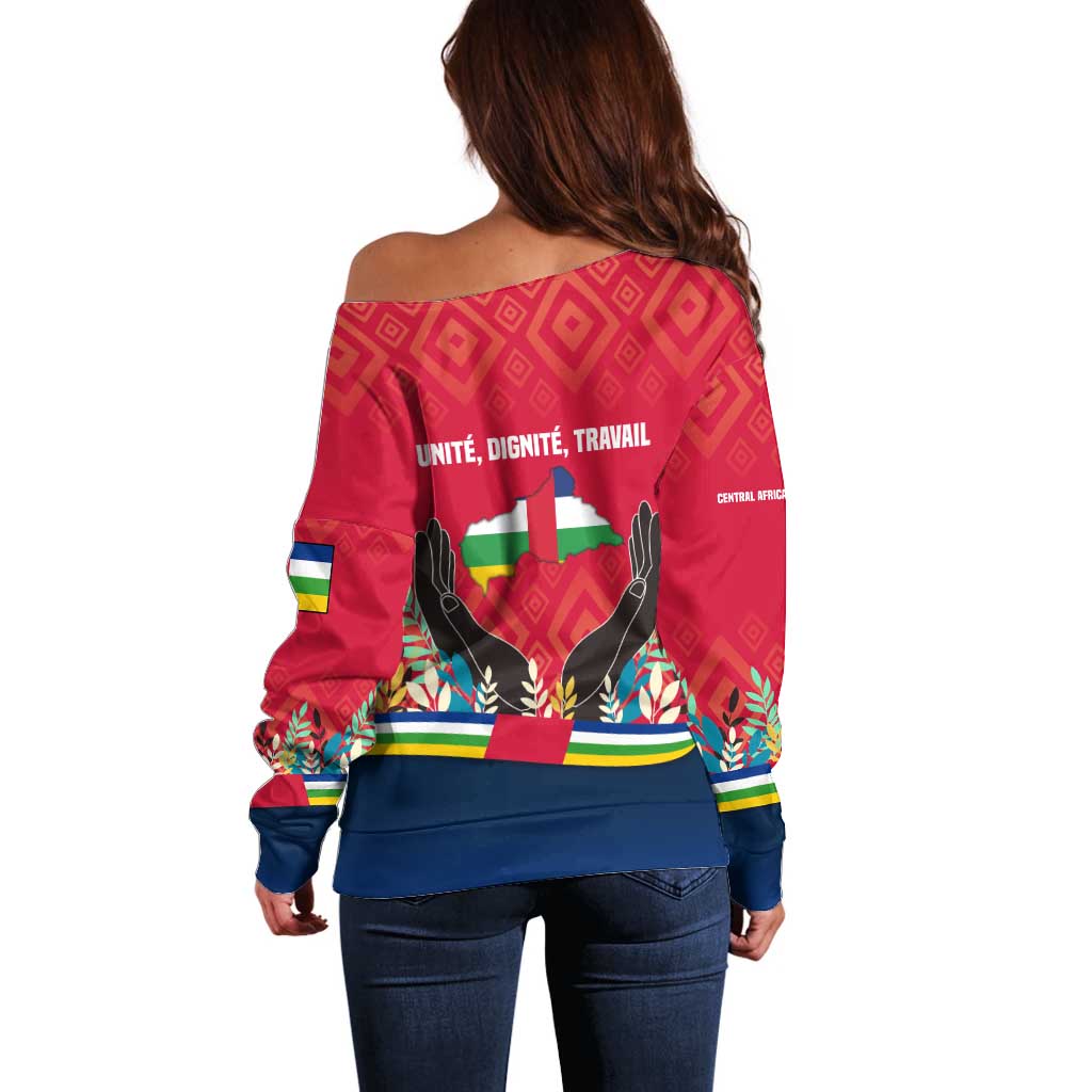 Central African Republic Off Shoulder Sweater with Red Blue Green Tribal Design and National Flag - Wonder Print Shop