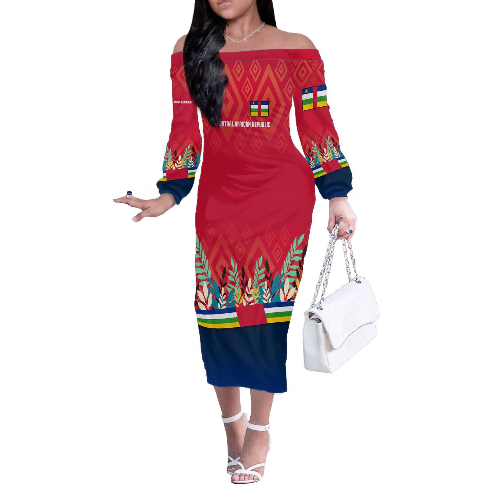 Central African Republic Off The Shoulder Long Sleeve Dress with Red Blue Green Tribal Design and National Flag - Wonder Print Shop