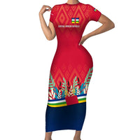 Central African Republic Short Sleeve Bodycon Dress with Red Blue Green Tribal Design and National Flag - Wonder Print Shop