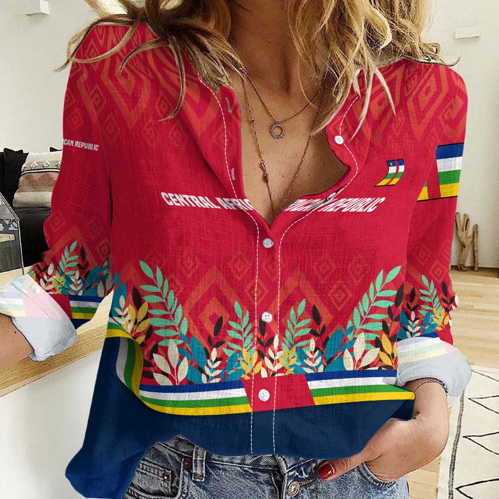 Central African Republic Women Casual Shirt with Red Blue Green Tribal Design and National Flag - Wonder Print Shop