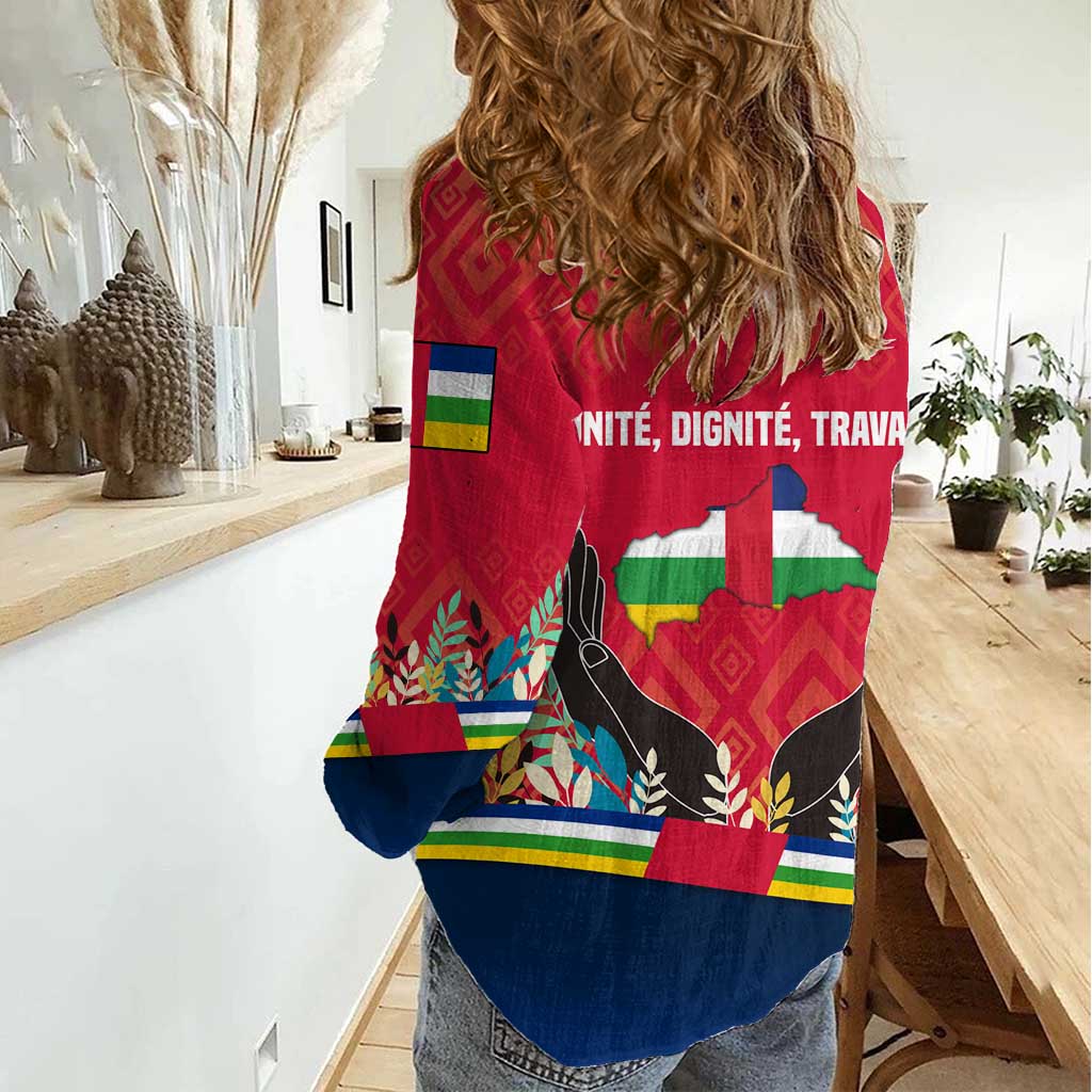 Central African Republic Women Casual Shirt with Red Blue Green Tribal Design and National Flag - Wonder Print Shop