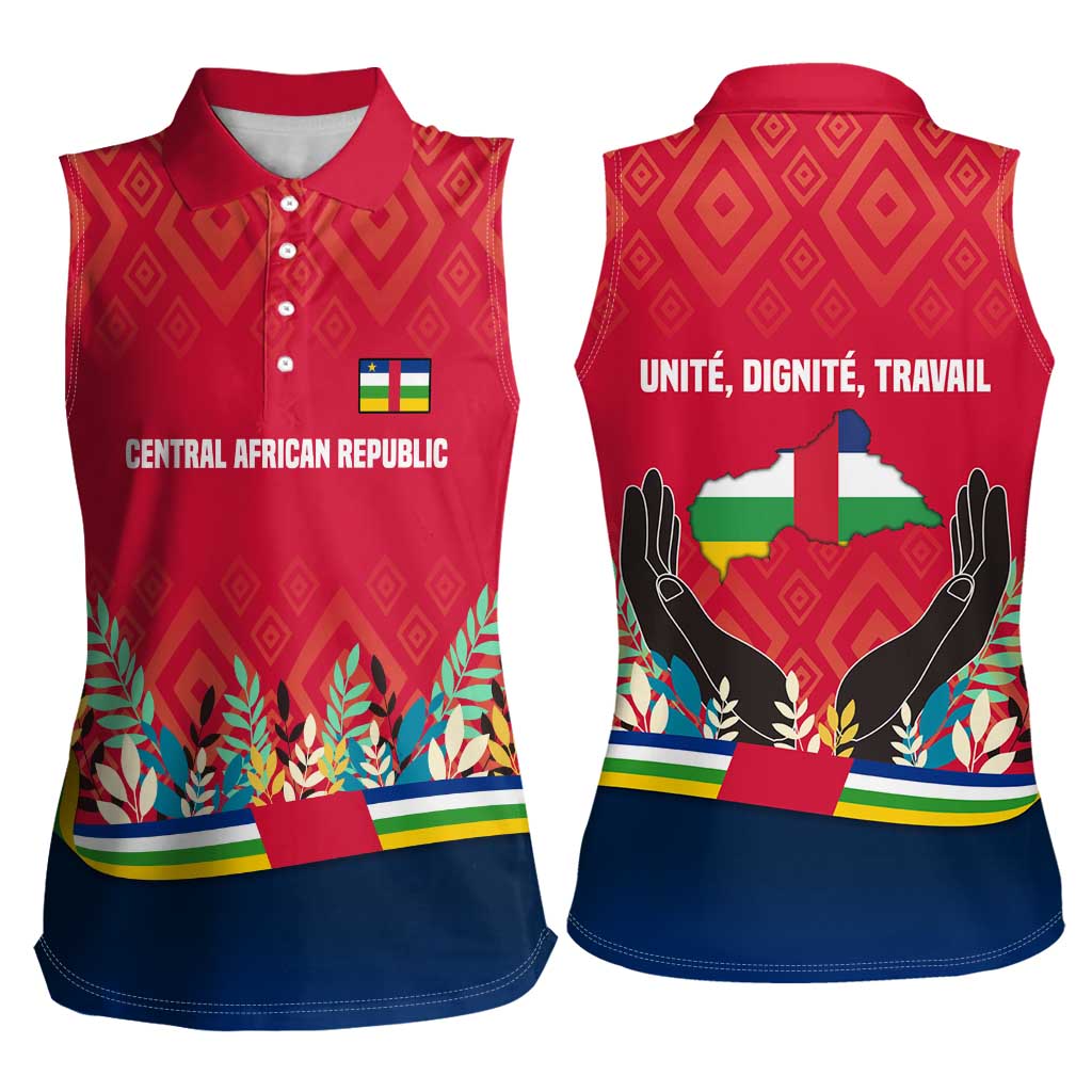 Central African Republic Women Sleeveless Polo Shirt with Red Blue Green Tribal Design and National Flag - Wonder Print Shop
