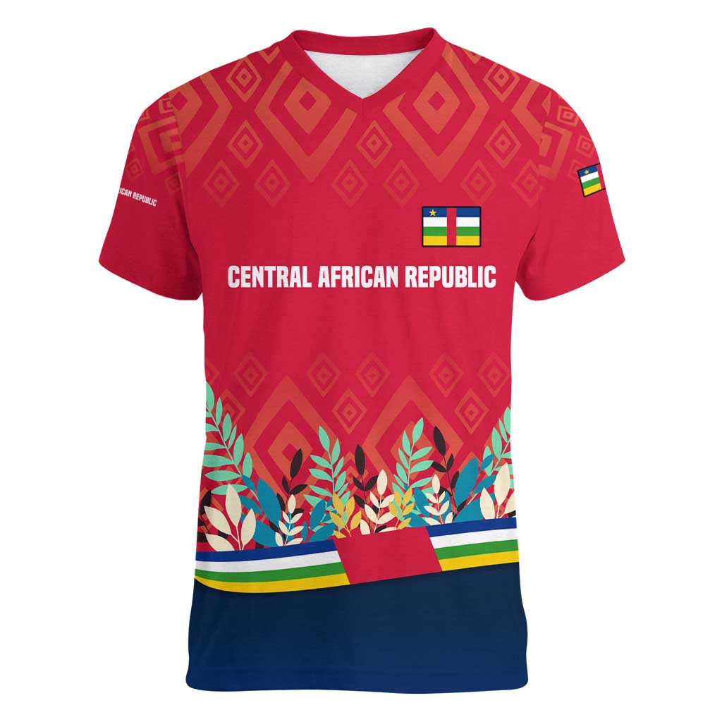 Central African Republic Women V-Neck T-Shirt with Red Blue Green Tribal Design and National Flag - Wonder Print Shop