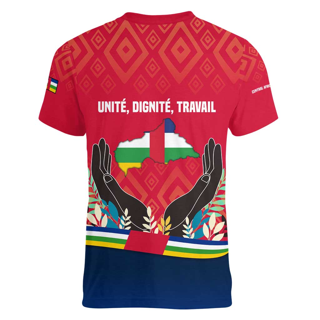 Central African Republic Women V-Neck T-Shirt with Red Blue Green Tribal Design and National Flag - Wonder Print Shop